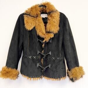 Size L Juliet Michelle Black Faux Fur Brown/Tan Jacket Women's Y2K